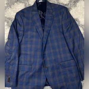 Peter Millar Flynn Classic Fit Navy & Brown Plaid Wool Sport Coat Small Hole 46R